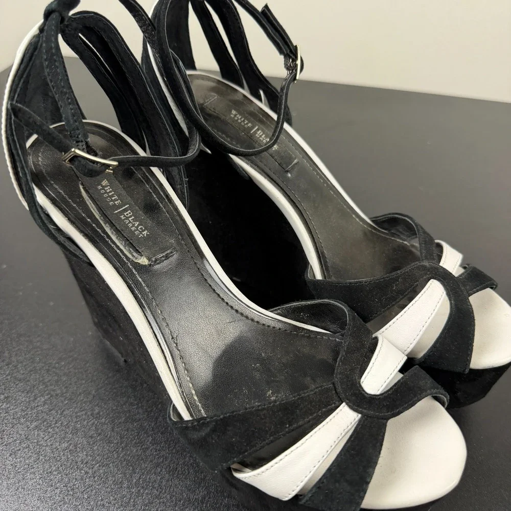 White House Black Market Platform Heels Womens 8M Black Suede Peep Toe Career